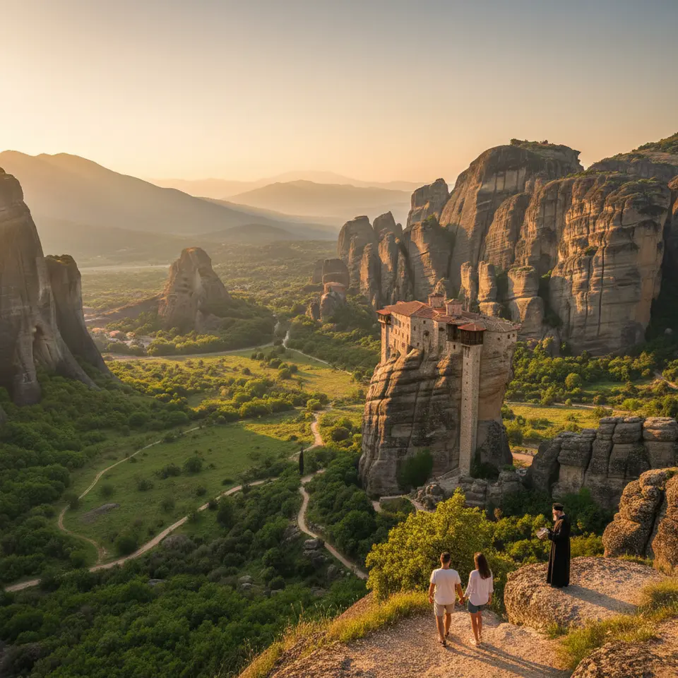 Meteora’s cliff-top monasteries at sunset: dramatic sandstone pillars topped with Eastern Orthodox monk-built monasteries bathed in golden light, overlooking lush valley meadows and winding trails.