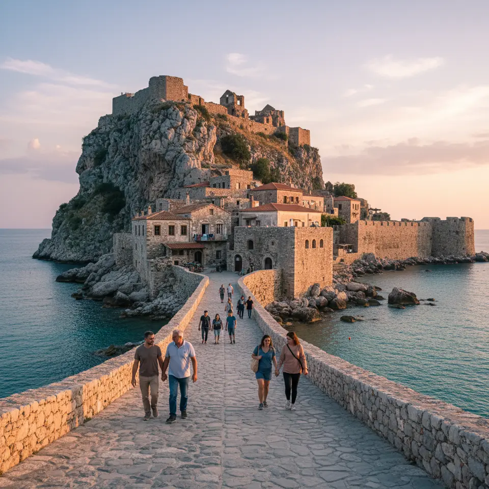 Medieval fortress town of Monemvasia: the rocky islet connected by a narrow causeway, featuring cobblestone lanes of the Lower Town, sea-facing fortress walls, and ruined ramparts of the Upper Town under a pastel evening sky.