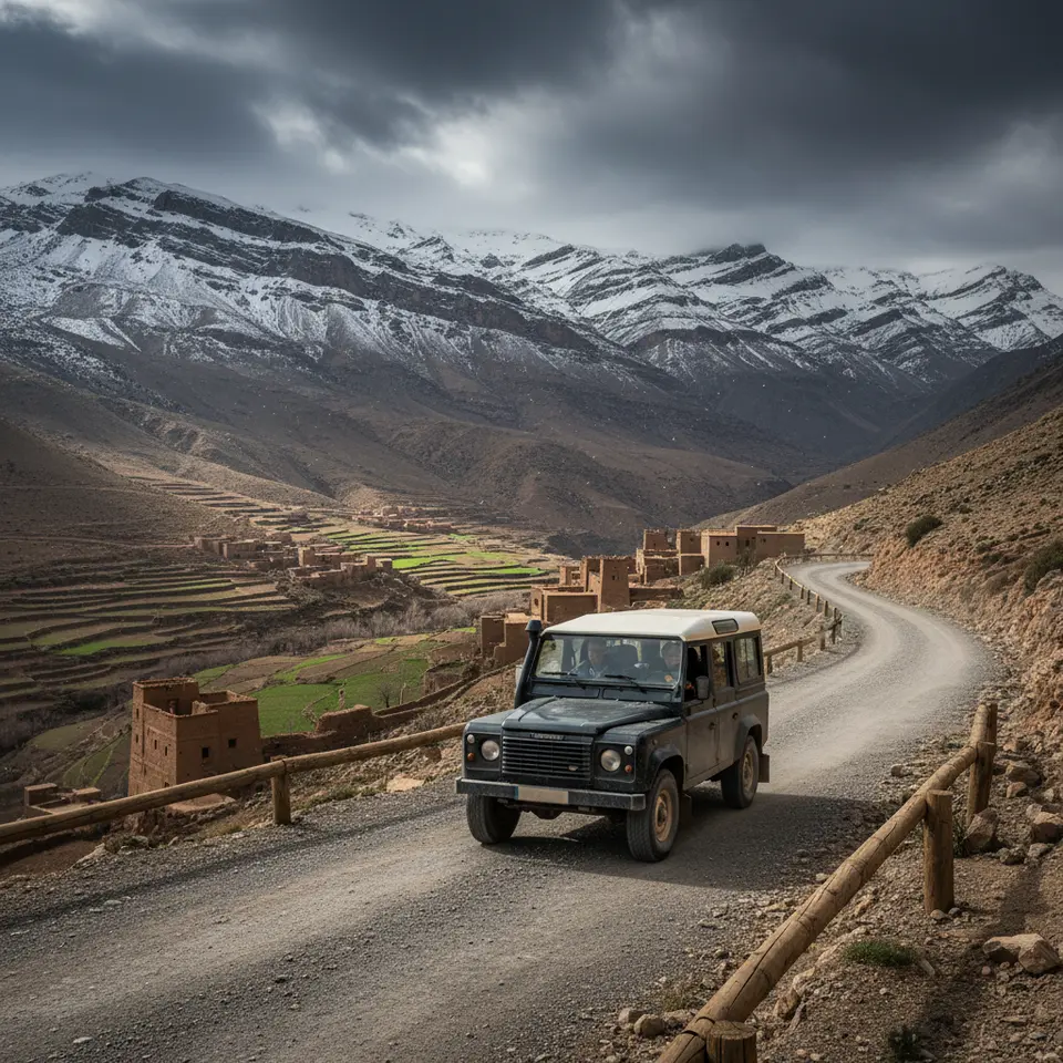 High Atlas Mountains Drive: a 4×4 winding along the Tizi n’Tichka Pass amid snow-dusted peaks, terraced fields, and mud-brick kasbah villages under a dramatic sky