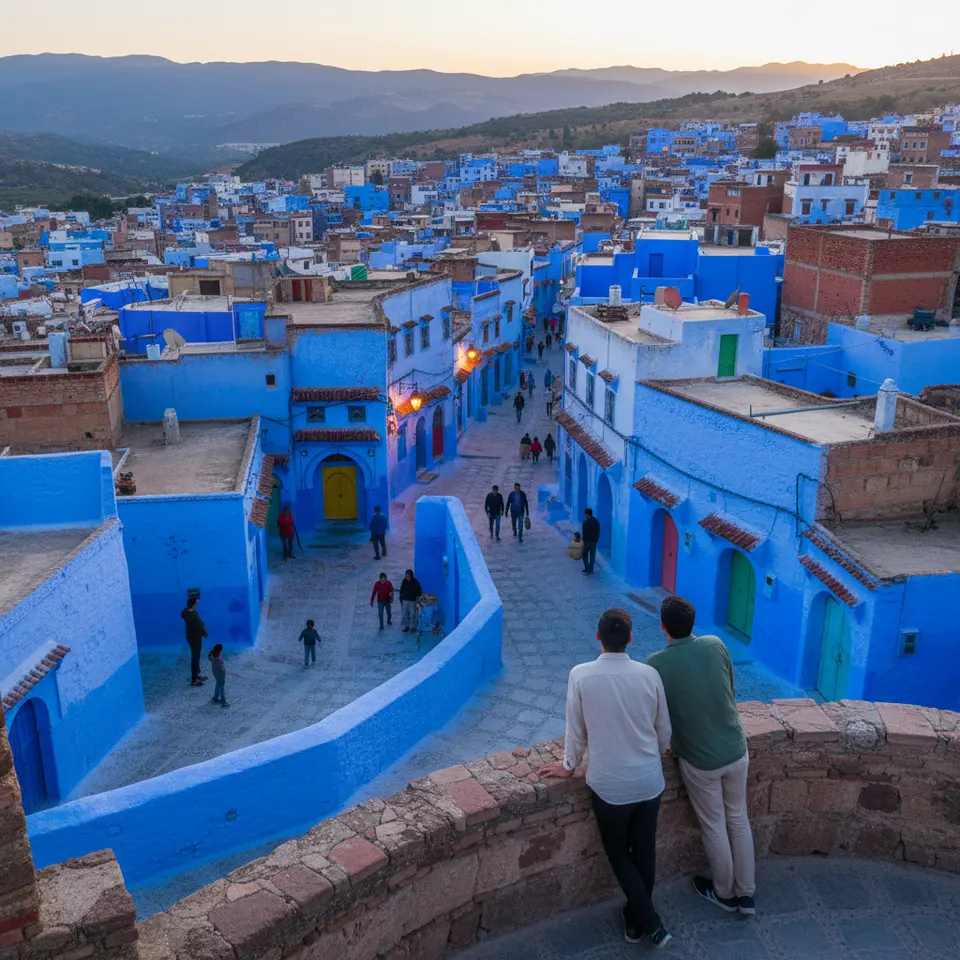 Chefchaouen’s Azure Alleys: a labyrinth of narrow streets and stairways painted in vibrant shades of blue, framed by whitewashed walls and colorful door frames, with a dusk view from the Spanish Mosque overlook