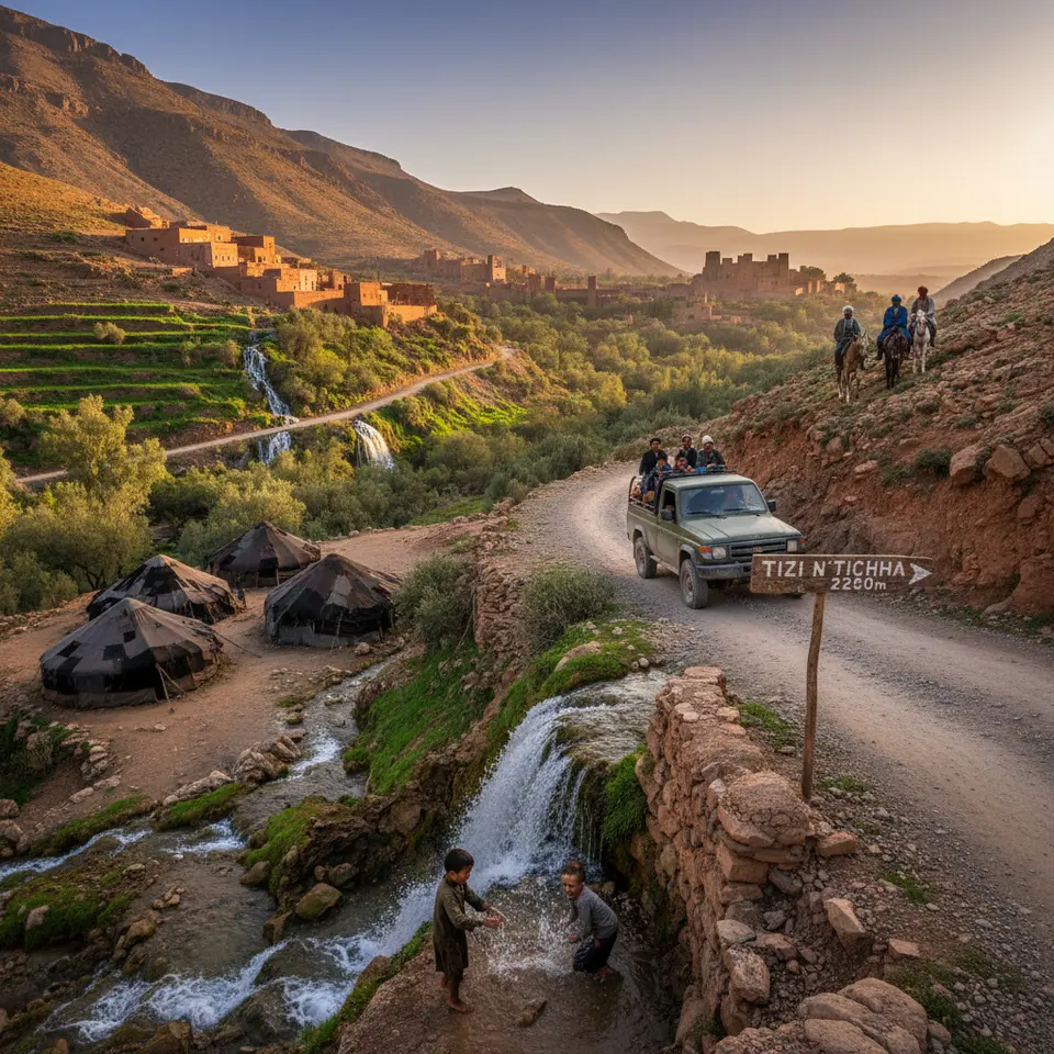 A winding mountain road through Morocco’s High Atlas: lush Ourika Valley waterfalls cascading beside terraced Berber homesteads, a rugged 4x4 climbing toward the Tizi n’Tichka pass at 2,260 m, with panoramic views of nomad tents and the honey-colored earthen walls of Aït Benhaddou at sunset.