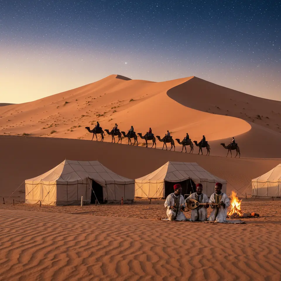 An epic Sahara scene at Erg Chebbi: a caravan of camels and riders silhouetted against towering golden dunes at dawn, a traditional Berber desert camp with canvas tents and a crackling fire, gnawa musicians performing under a brilliant star-filled sky, and rippled sand glowing in warm pink and orange hues.