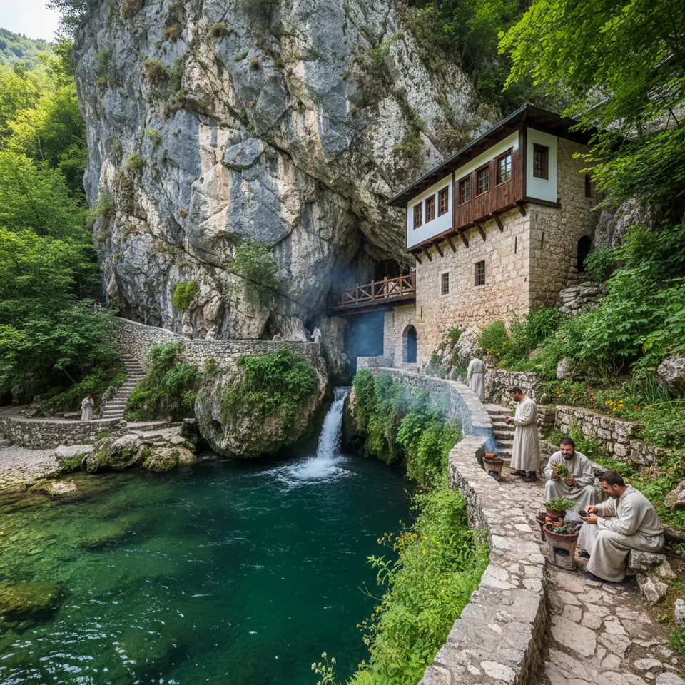 Blagaj Tekke Serenity: An Ottoman-era dervish monastery built on stone terraces at the base of a towering limestone cliff, overlooking a spring-fed emerald pool. Include crystal-clear water bubbling from the rock face, narrow walkways with monks brewing herbal infusions, and lush greenery framing the scene.