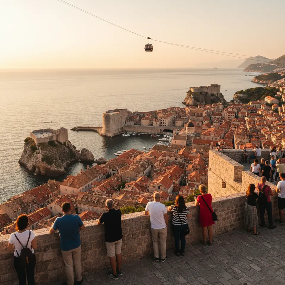 Dubrovnik City Walls at Golden Hour: A panoramic view from atop the ancient limestone ramparts encircling Dubrovnik’s Old Town. Show terracotta rooftops below, fortresses perched on rocky outcrops, and the endless Adriatic Sea glowing under warm sunset light, with a distant cable car rising to Mount Srđ.