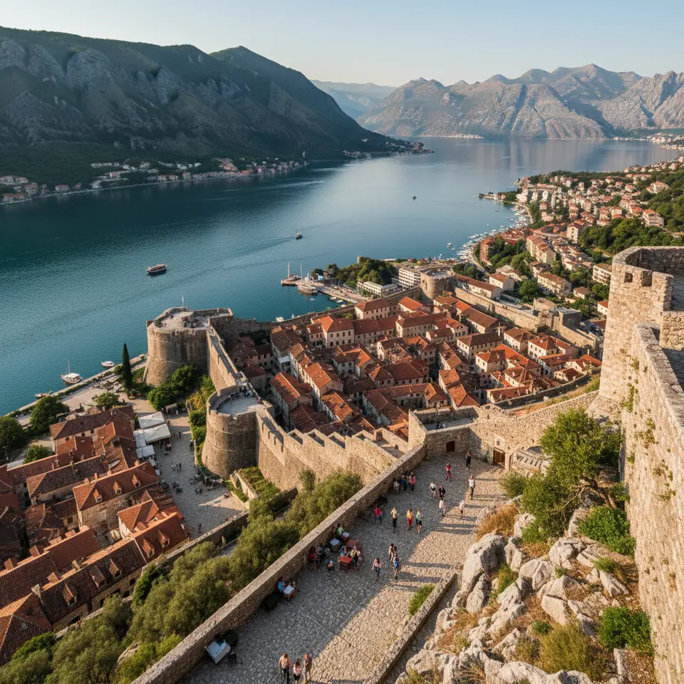 Kotor’s Venetian Legacy – A bird’s-eye view from the Castle of San Giovanni: terracotta-roofed medieval Old Town cradled by imposing Venetian walls, winding narrow alleys below, and the fjord-like inlet of the Bay of Kotor with turquoise waters reflecting cliffside villages.