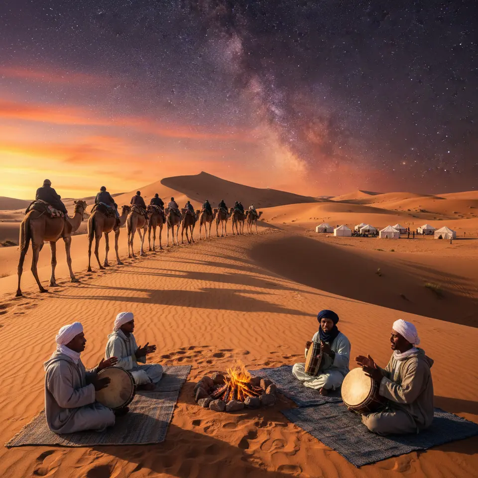 A camel caravan trekking across the towering orange dunes of Erg Chebbi at sunset, with long shadows cast on rippled sand, a fiery sky fading into violet, and a remote Berber camp of white tents and a glowing campfire surrounded by musicians playing traditional drums under a star-filled desert night.